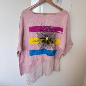 100% Linen Light Pink Floral Stripe Linen women’s Top with Sheer Hem